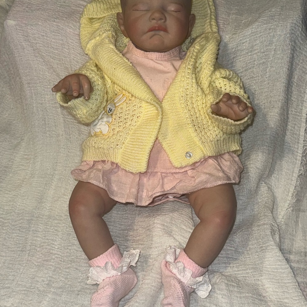 Grandmas Baby Yellow Knit Cardigan with Pink Dress